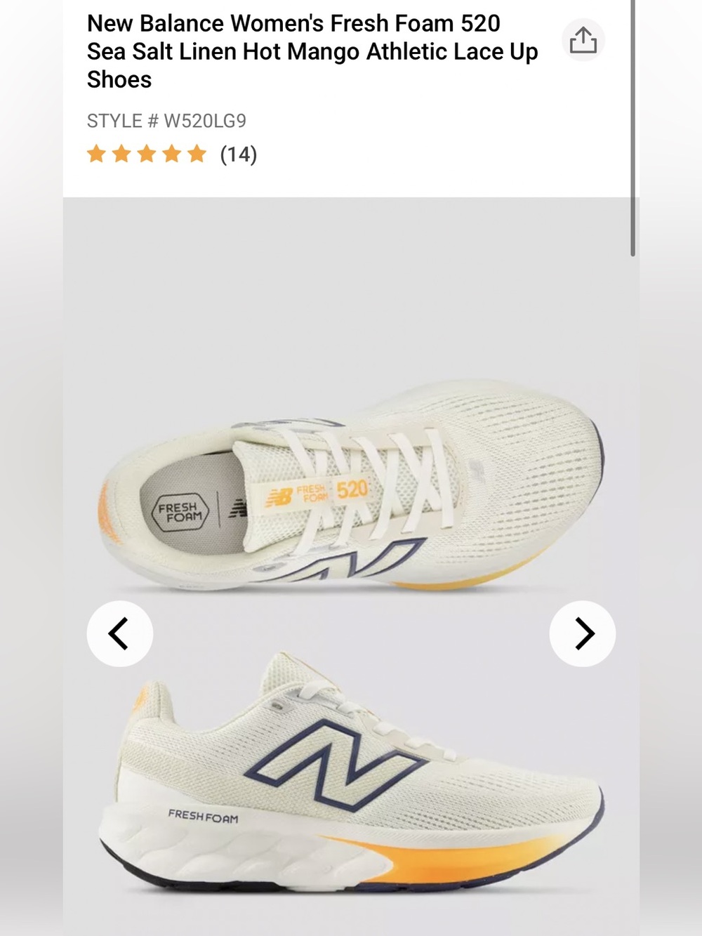 New Balance 520v9 Women's Sz 7.5B W520LG9 Sea Salt/Linen/Hot Mango New W/O Box